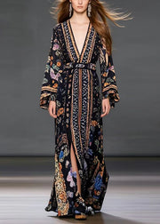 Italian Black Cinched Print Side Open Chiffon Dresses Fall