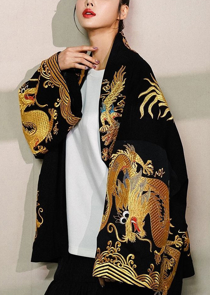 2024 Trendy Gold Painted Dragon Oversized Cotton Cardigan Jacket