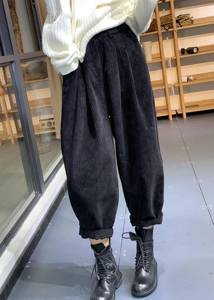 Italian Black Elastic Waist Pockets Warm Fleece Corduroy Pants Winter