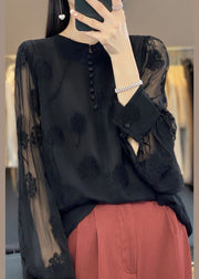 Italian Black Embroidered Button Chiffon Shirt Long Sleeve