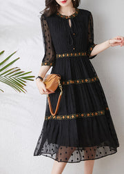 Italian Black Embroidered Exra Large Hem Silk Dress Summer