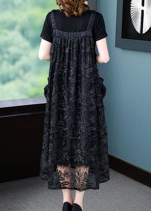 Italian Black Embroidered Pockets Lace Long Dresses Sleeveless