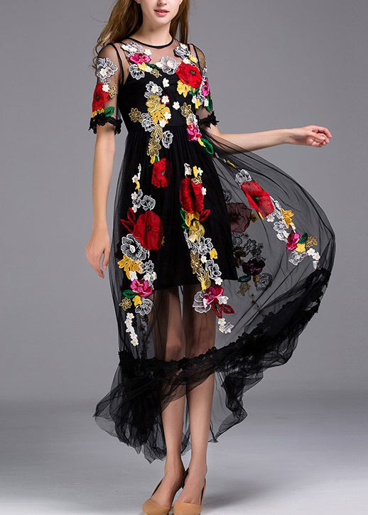 Italian Black Embroidered Zippered Tulle Long Dress Summer