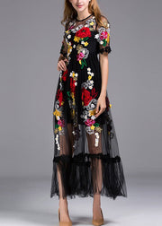 Italian Black Embroidered Zippered Tulle Long Dress Summer