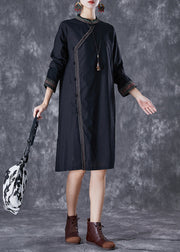 Italian Black Embroideried Chinese Button Linen Dress Fall