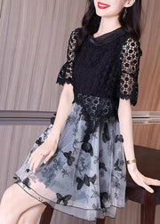 Italian Black Embroideried Hollow Out Lace Patchwork Tulle Dresses Summer