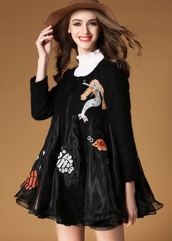 Italian Black Embroideried Organza Patchwork Woolen Coat Spring