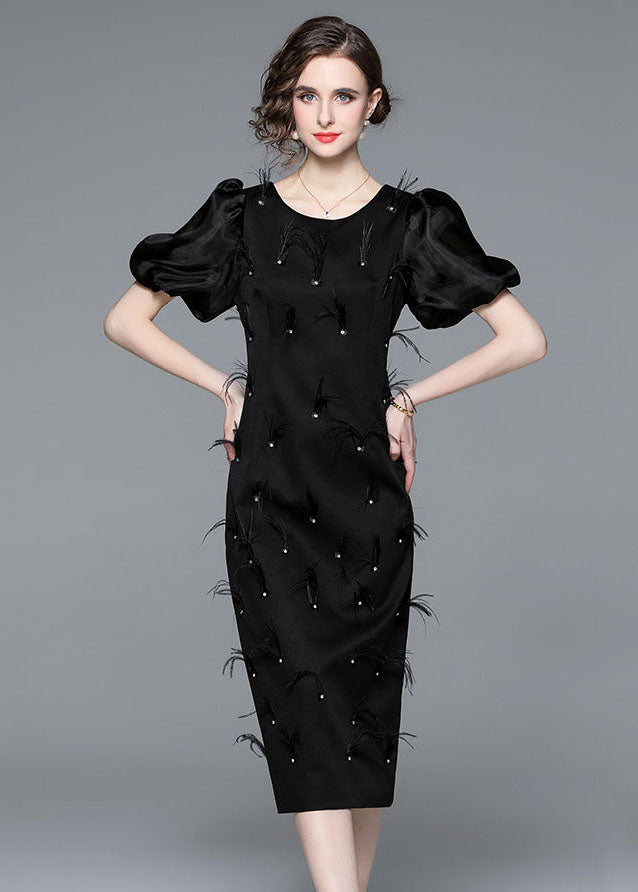 Italian Black Feather Zircon Patchwork Silk Long Dresses Puff Sleeve