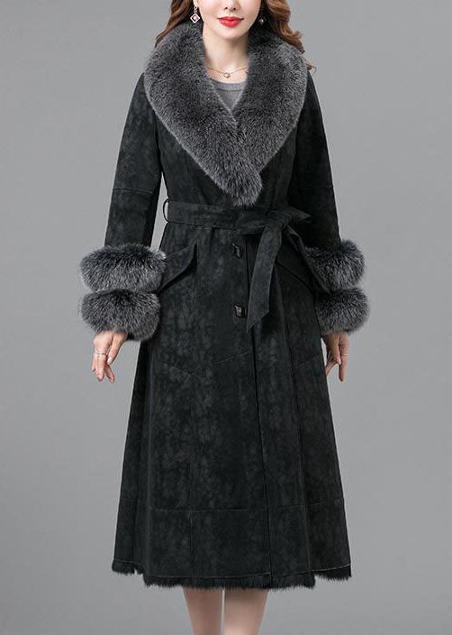 Italian Black Fox collar Sashes Pockets Leather And Fur Parka Winter