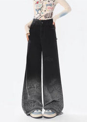 Italian Black Gradient Pockets Graffiti Denim Straight Pants Spring