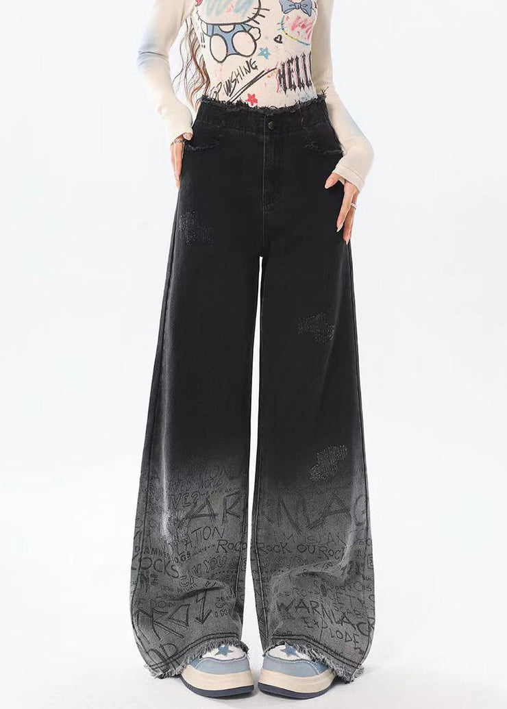 Italian Black Gradient Pockets Graffiti Denim Straight Pants Spring