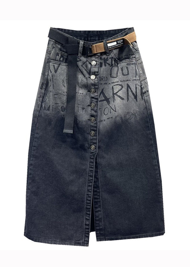 Italian Black Graphic Pockets Front Open Patchwork Denim Skirts Fall