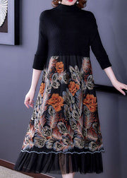 Italian Black High Neck Embroideried Patchwork Knit Long Dresses Long Sleeve