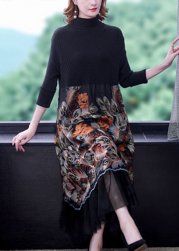 Italian Black High Neck Embroideried Patchwork Knit Long Dresses Long Sleeve