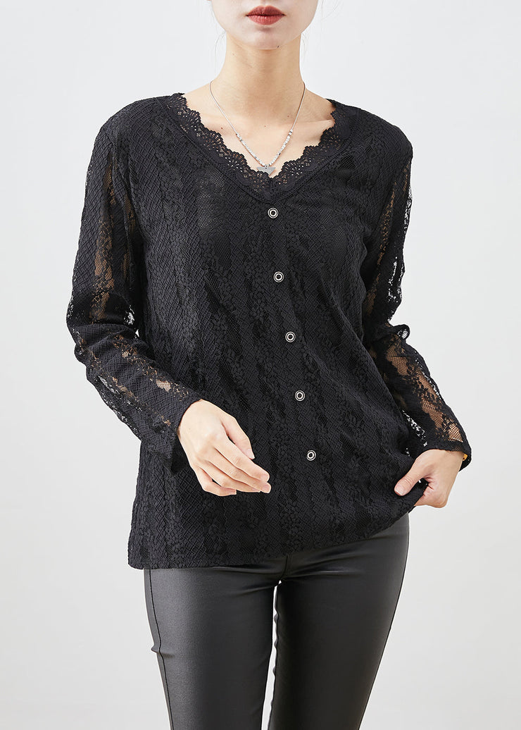 Italian Black Hollow Out Warm Fleece Lace Tops Fall