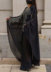 Italian Black Hooded Nail Bead Chiffon Maxi Dresses Spring