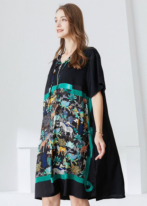 Italian Black Hooded Patchwork Print Chiffon Dress Summer