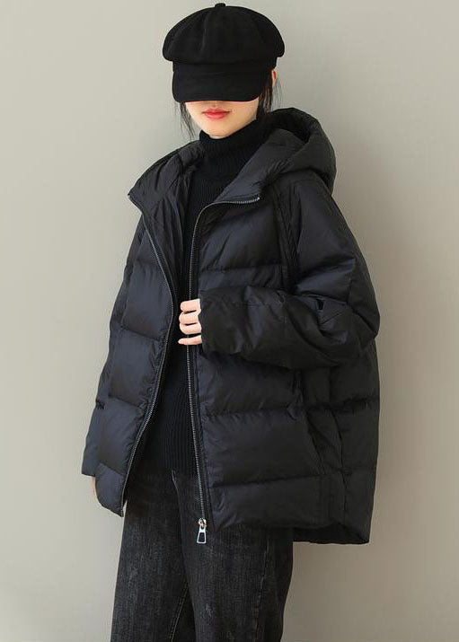 Italian Black Hooded Zip Up Fine Cotton Filled Parka Jacket Winter