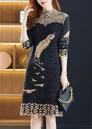 Italian Black Jacquard Patchwork Mink Hair Knitted Dresses Winter