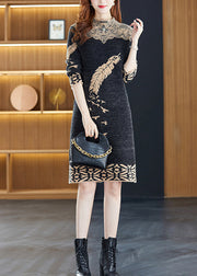 Italian Black Jacquard Patchwork Mink Hair Knitted Dresses Winter