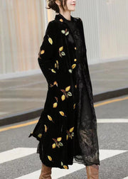 Italian Black Notched Embroideried Patchwork Silk Long Coat Long Sleeve