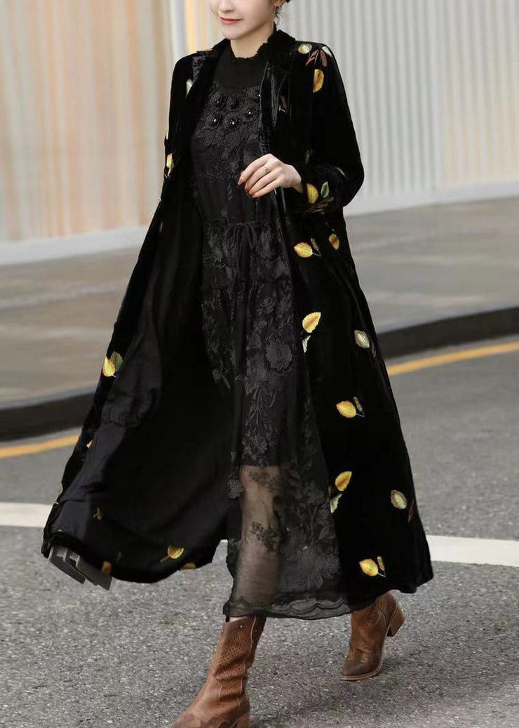 Italian Black Notched Embroideried Patchwork Silk Long Coat Long Sleeve