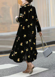 Italian Black Notched Embroideried Patchwork Silk Long Coat Long Sleeve