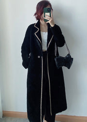 Italian Black Notched Pockets Tie Waist Woolen Coat Winter