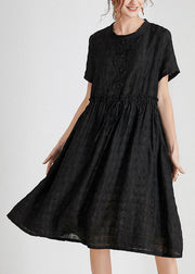 Italian Black O Neck Button Tie Waist Silk Dress Summer