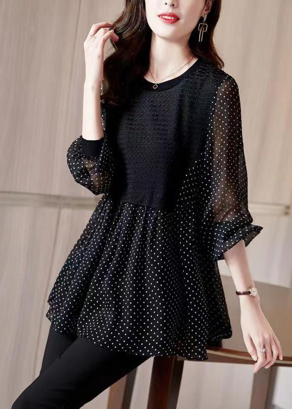 Italian Black O Neck Dot Print Patchwork Chiffon Shirt Fall