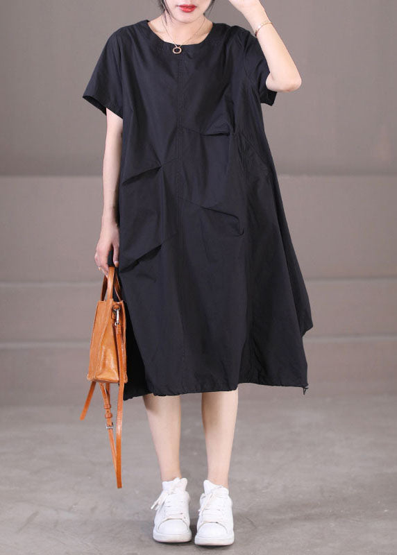 Italian Black O-Neck Drawstring Cotton Long Dress Short Sleeve