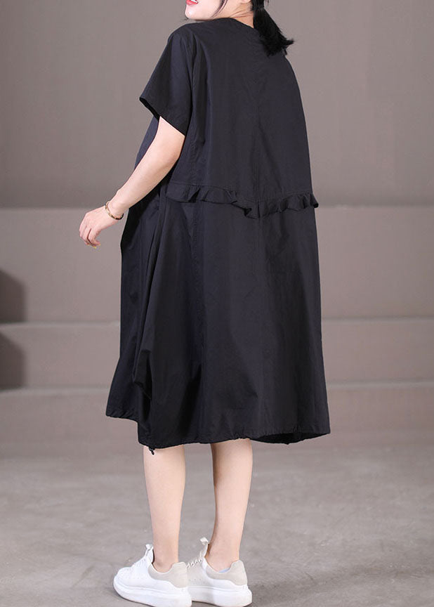 Italian Black O-Neck Drawstring Cotton Long Dress Short Sleeve