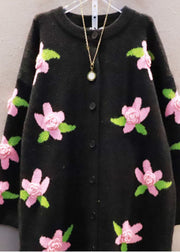 Italian Black O-Neck Floral Warm Knit Loose Cardigan Spring