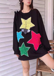 Italian Black O-Neck Nail Bead Patchwork Sweatshirts Fall