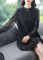 Italian Black O-Neck Patchwork Silk Mid Dress Spring