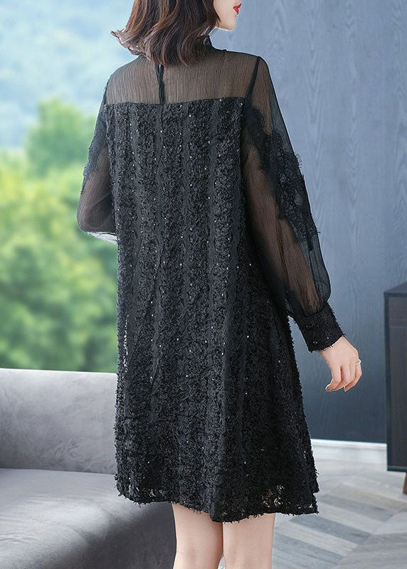 Italian Black O-Neck Patchwork Silk Mid Dress Spring