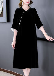 Italian Black Oversized Patchwork Silk Velour Long Dress Half Sleeve