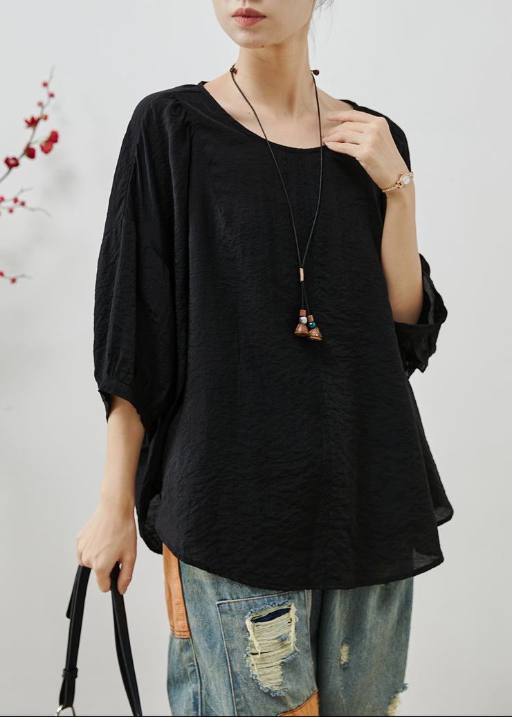 Italian Black Oversized Ruffles Cotton Shirt Summer