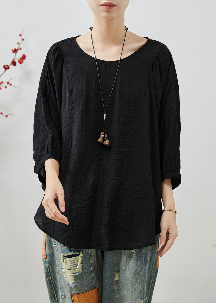 Italian Black Oversized Ruffles Cotton Shirt Summer