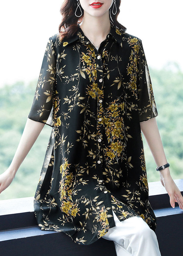 Italian Black Peter Pan Collar Print Button Patchwork Chiffon Top Summer