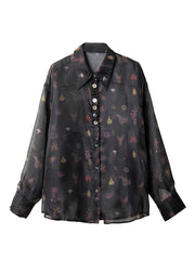 Italian Black Peter Pan Collar Print Chiffon Shirt Fall