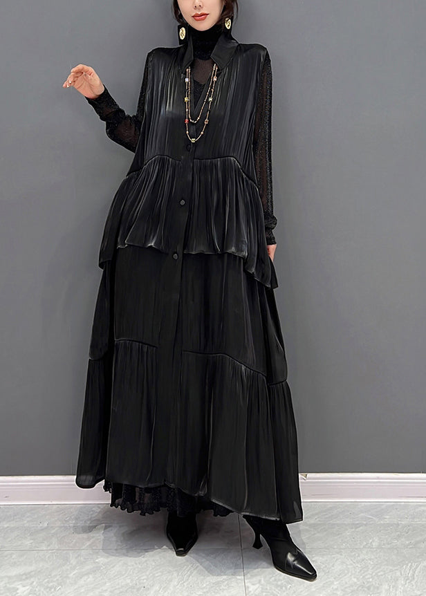 Italian Black Peter Pan Collar Wrinkled Button Satin Maxi Dresses Fall