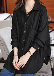 Italian Black Peter Pan Collar Wrinkled Patchwork Cotton Shirts Fall