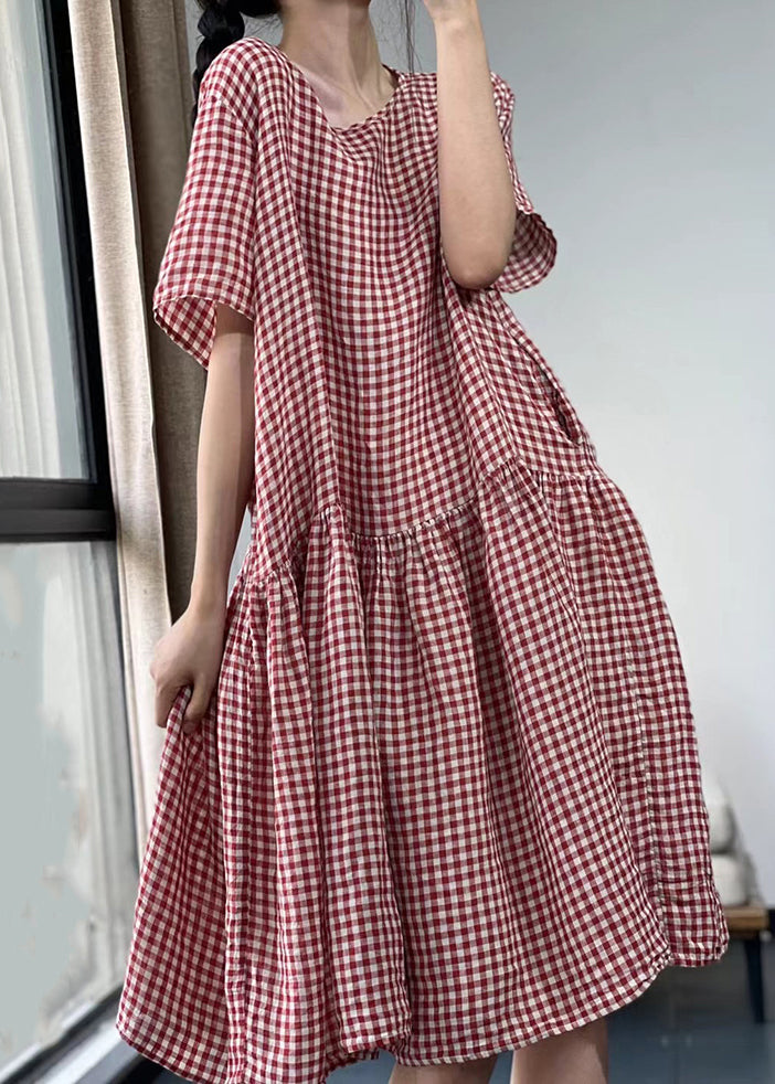 Italian Black Plaid O Neck Pockets Cotton Dresses Summer