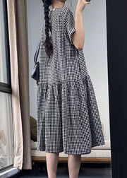 Italian Black Plaid O Neck Pockets Cotton Dresses Summer