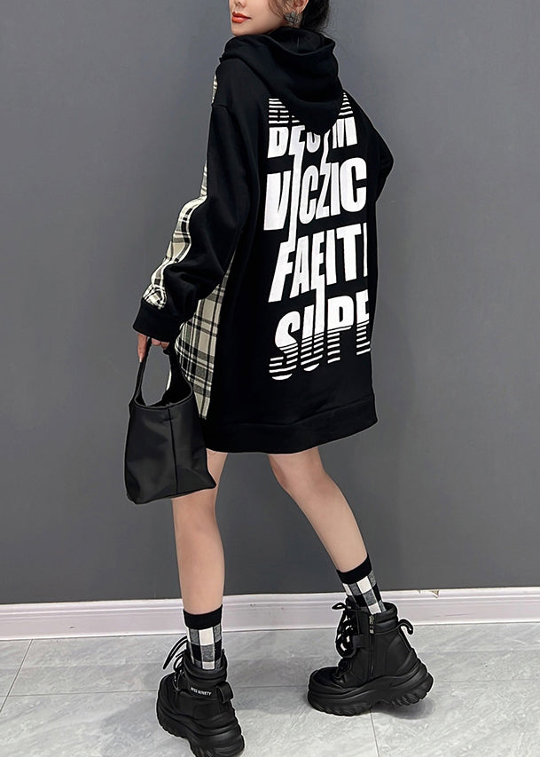 Italian Black Plaid Patchwork Button Hooded Sweatshirt Winter