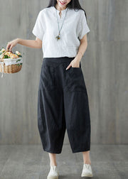 Italian Black Pockets Elastic Waist Patchwork Linen Crop Pants Summer