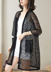 Italian Black Pockets Hollow Out Patchwork Lace Cardigans Summer