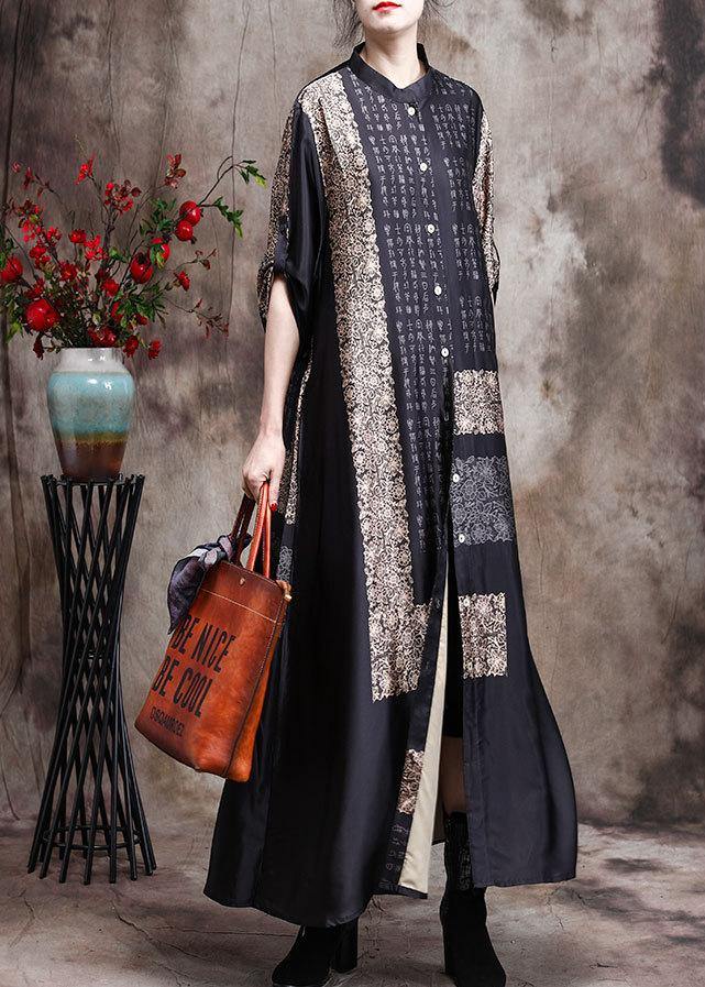 Italian Black Print Long Silk Dress Spring Cardigan - bagstylebliss