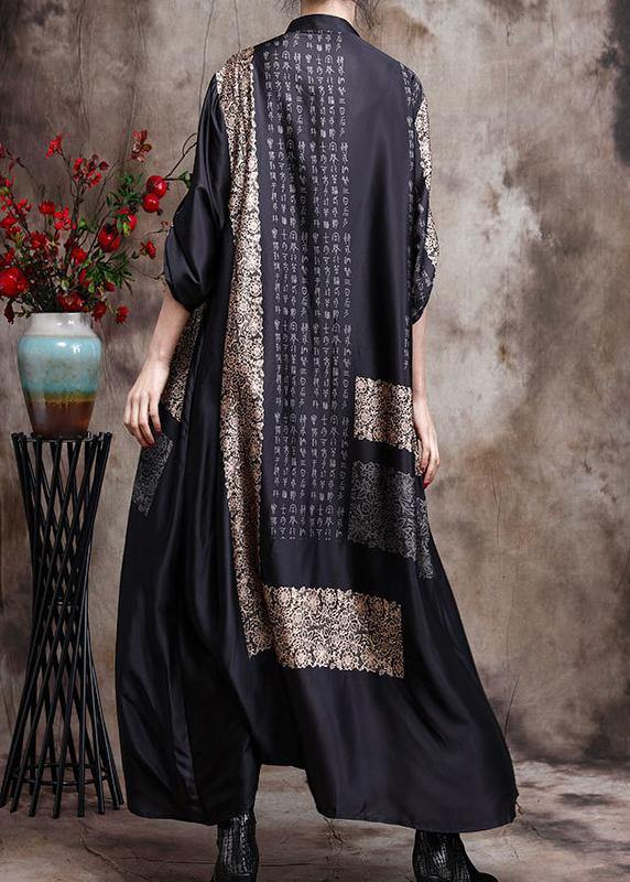 Italian Black Print Long Silk Dress Spring Cardigan - bagstylebliss